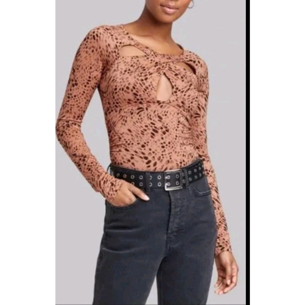 Wild Fable Cross Front Cut Out Bodysuit Brown Leopard Ruched Women's L NWOT